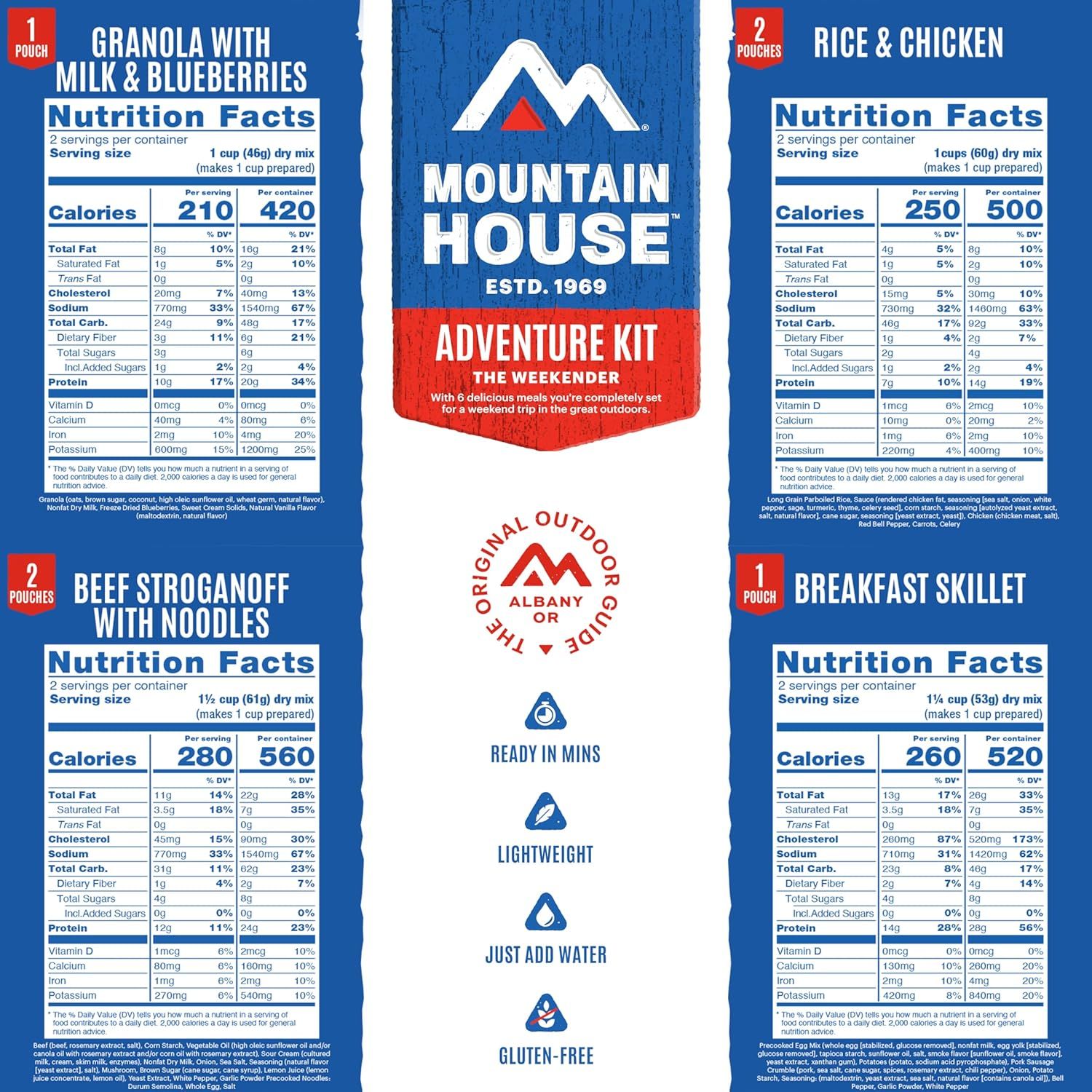 This image shows the complete contents of the Adventure Kit, displaying all four meal options with their nutrition facts and key product benefits (ready in…