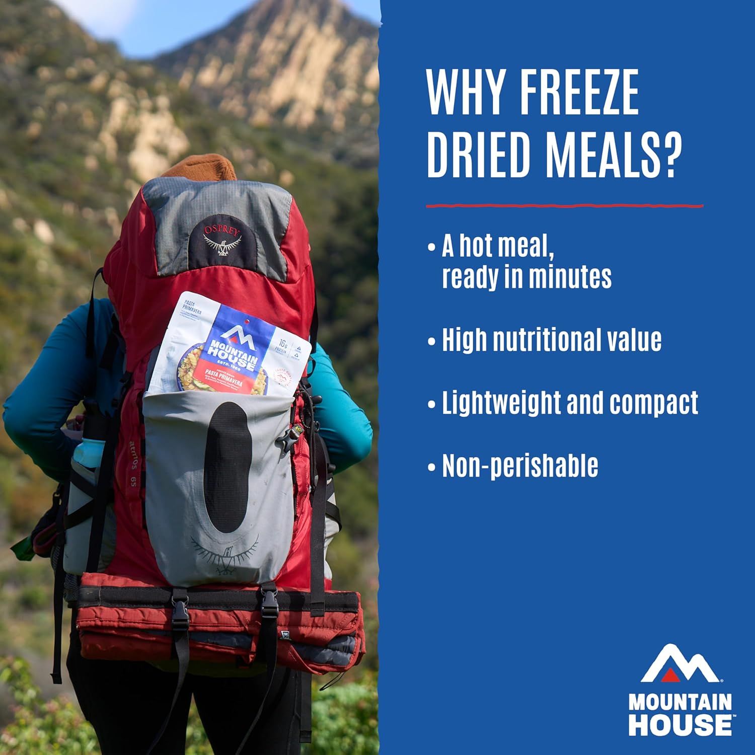 Communicates multiple key benefits of freeze-dried meals for outdoor enthusiasts, emphasizing convenience, nutrition, portability, and shelf stability to…