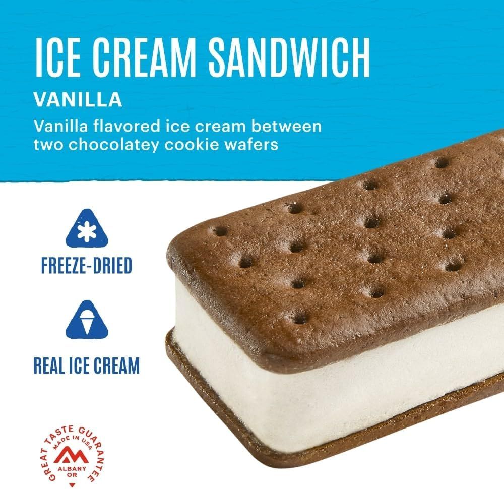 Communicates multiple product benefits in a segmented layout: freeze-dried technology, real ice cream quality, and flavor description to reassure shoppers of…
