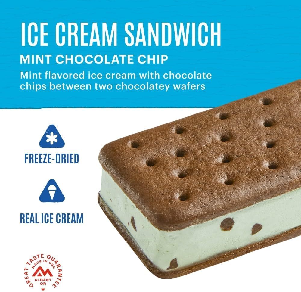 Communicates multiple distinct selling points of the ice cream sandwich: freeze-dried technology, real ice cream ingredients, and the specific…