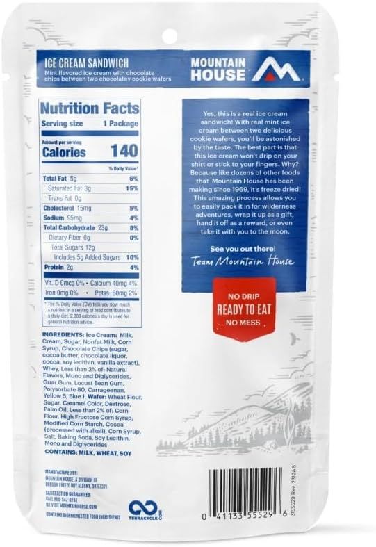 Communicates the convenience and mess-free nature of the freeze-dried ice cream sandwich, emphasizing it won't drip or stick to fingers, making it ideal for…