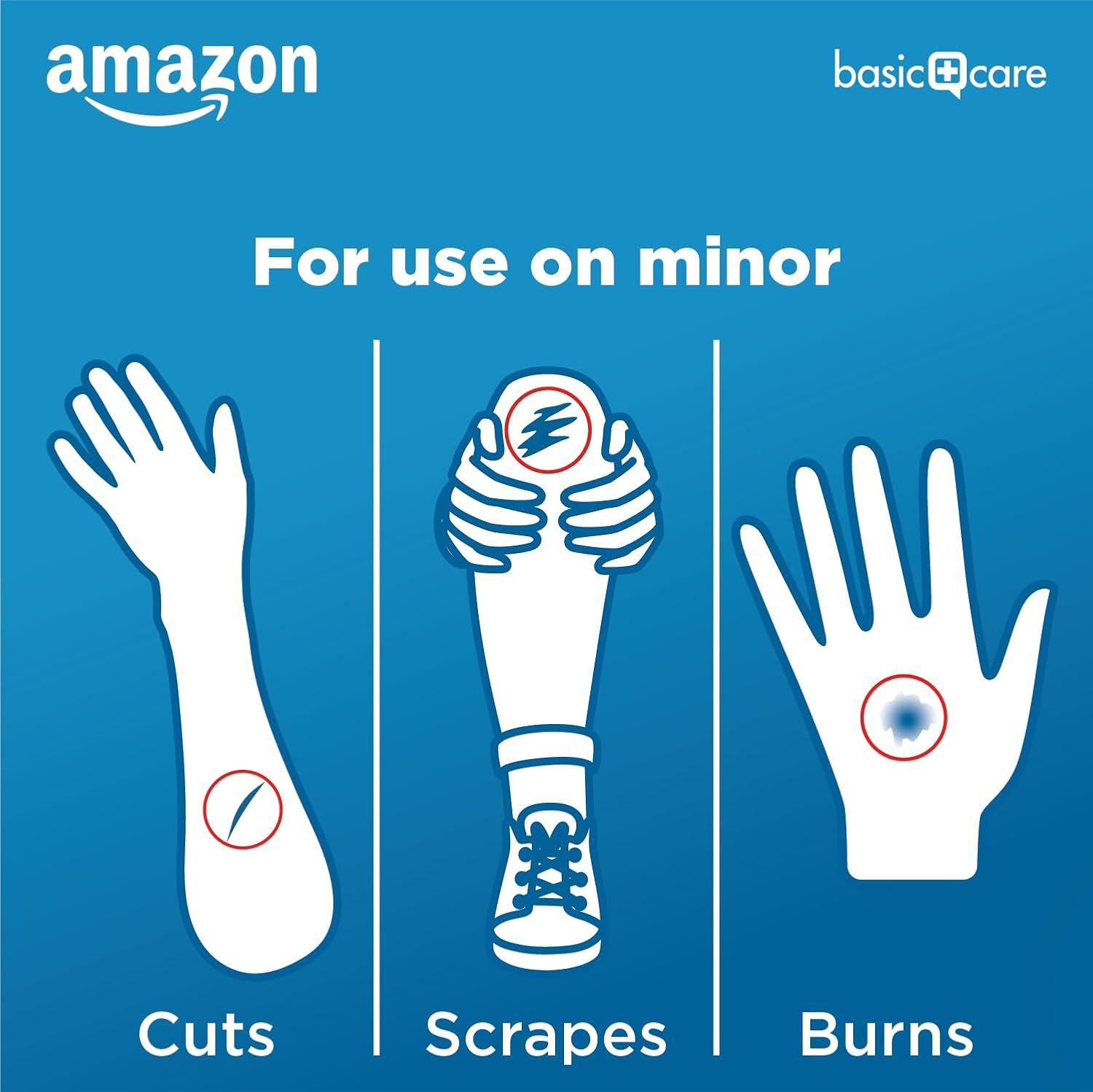 Demonstrates the product's versatility by showing three different types of minor injuries it can treat, reassuring shoppers of its broad applicability for first aid needs.
