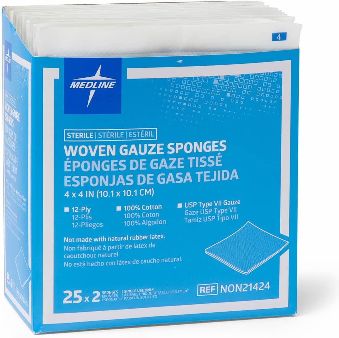 Communicates multiple product specifications and benefits to reassure healthcare professionals and consumers about the quality, material composition, and safety features of the medical gauze sponges.