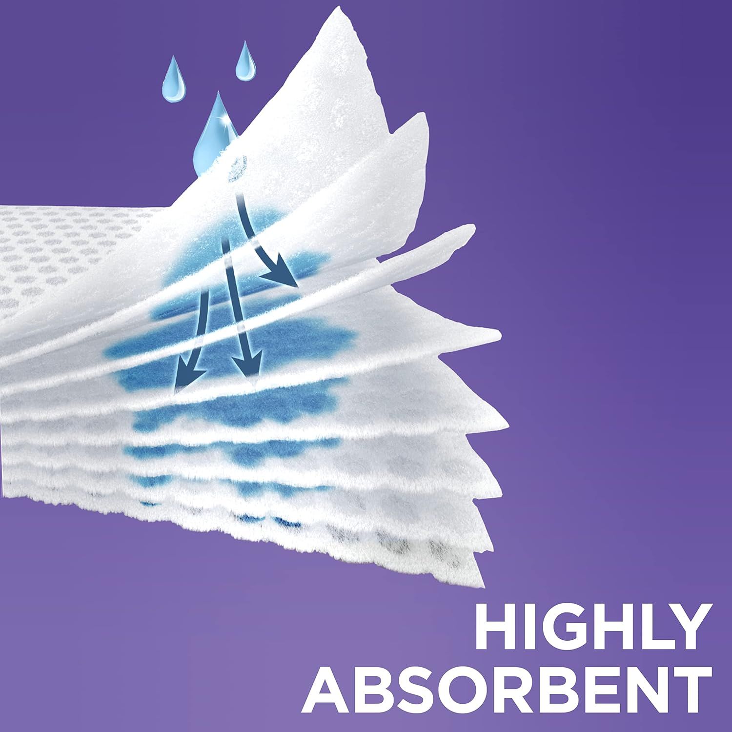 Demonstrates the product's superior absorbency by showing liquid being drawn into the paper towel layers, reassuring shoppers of its effectiveness at cleaning…