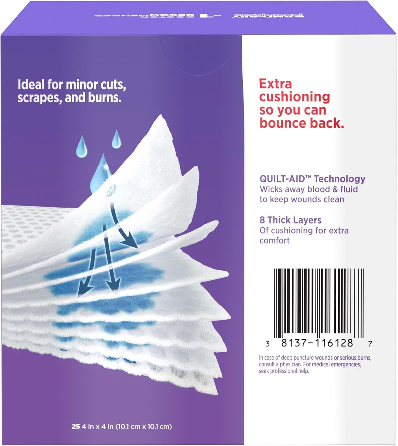 Breaks down the bandage's layered construction to show how it wicks away blood and fluid while providing cushioning, reassuring shoppers about the product's…