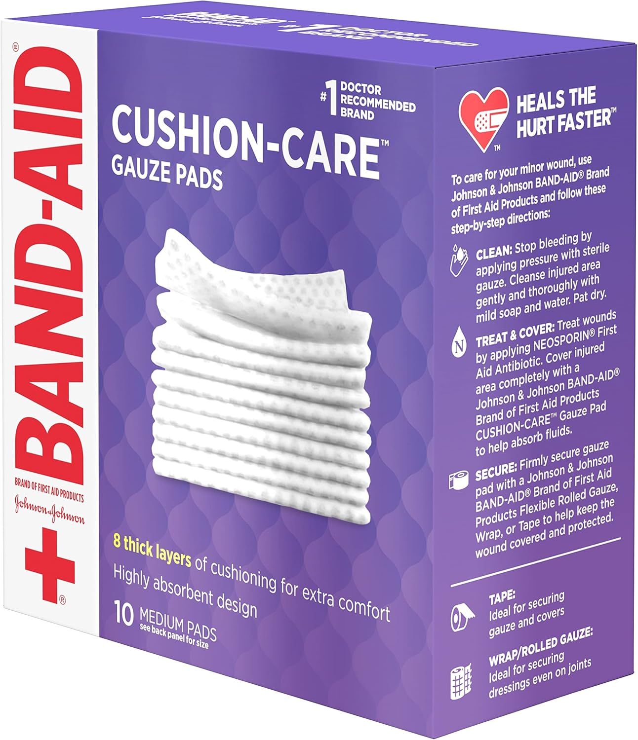 Educates shoppers on how to properly use the gauze pads for wound care through clear step-by-step directions (clean, treat & cover, secure, tape, wrap/rolled…