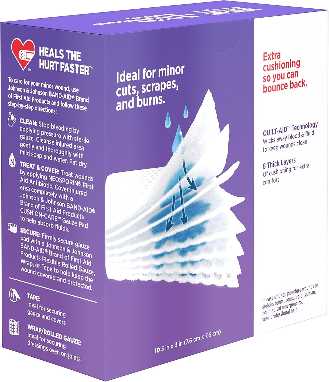 Breaks down the physical structure of the bandage to show how its layered construction and QUILT-AID technology provide superior cushioning and wound care. Communicates multiple distinct benefits of…