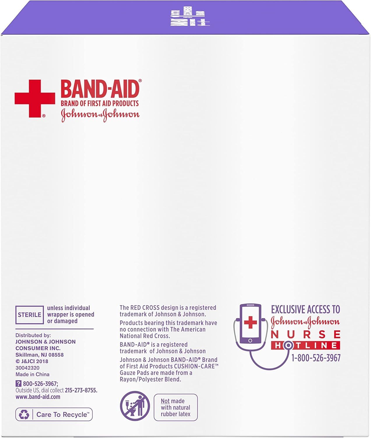 This image communicates the brand identity and manufacturer information for Band-Aid products, building trust through the Johnson & Johnson association and providing regulatory and contact details.