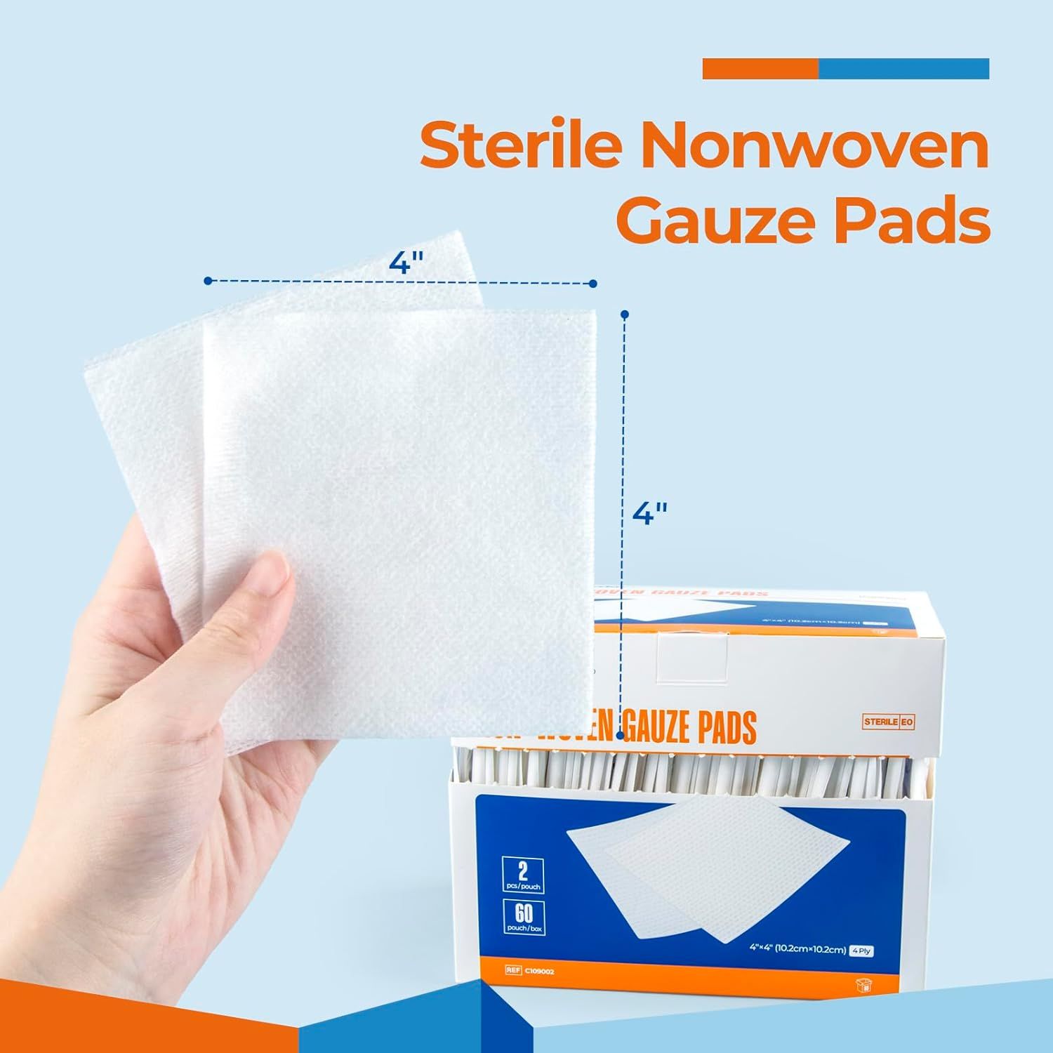 Communicates the exact physical dimensions of the gauze pads (4 inches by 4 inches) to help shoppers understand the size of the product they will receive. Shows the product packaging and quantity…