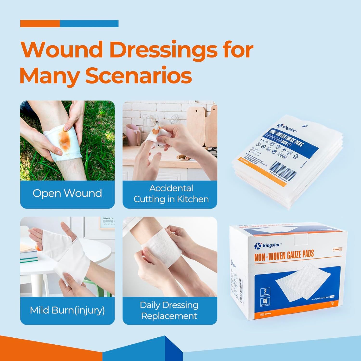 Demonstrates the versatility of the wound dressing product by showing four distinct real-world scenarios where it can be used, reassuring shoppers that this product meets multiple first-aid needs.