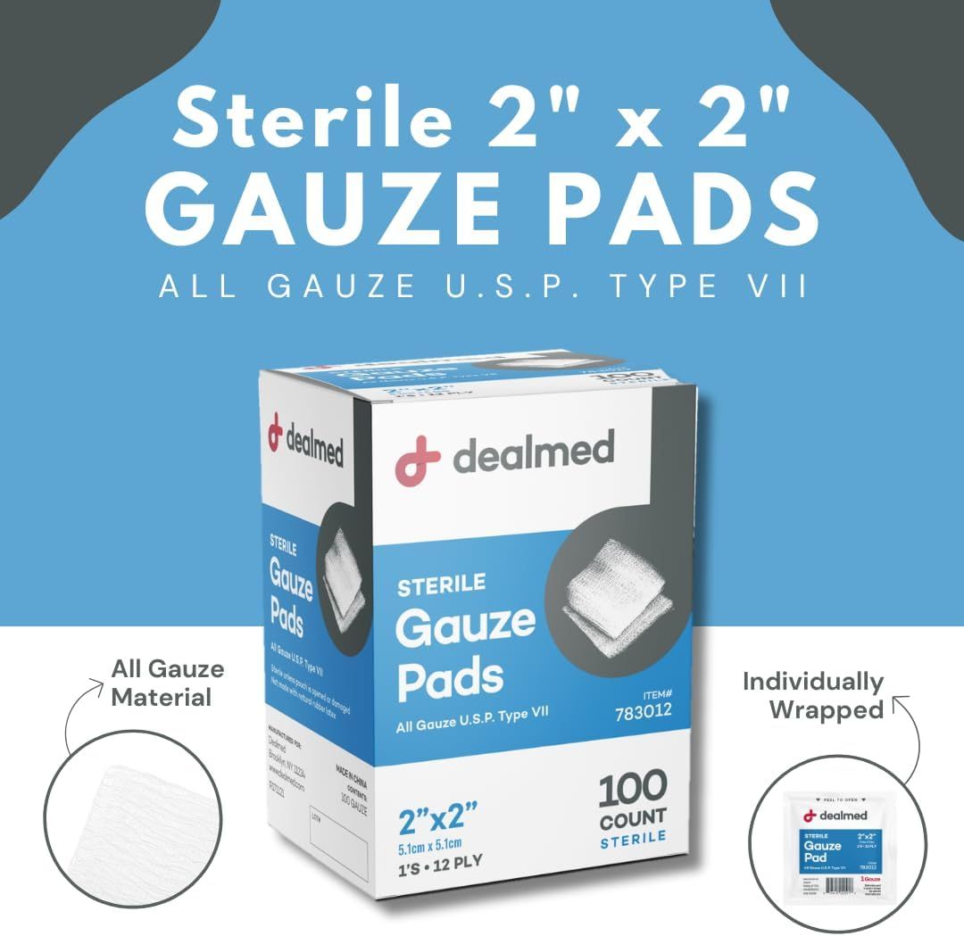 Communicates multiple key product features including the all-gauze construction, individual sterile packaging, and medical-grade specifications to reassure…