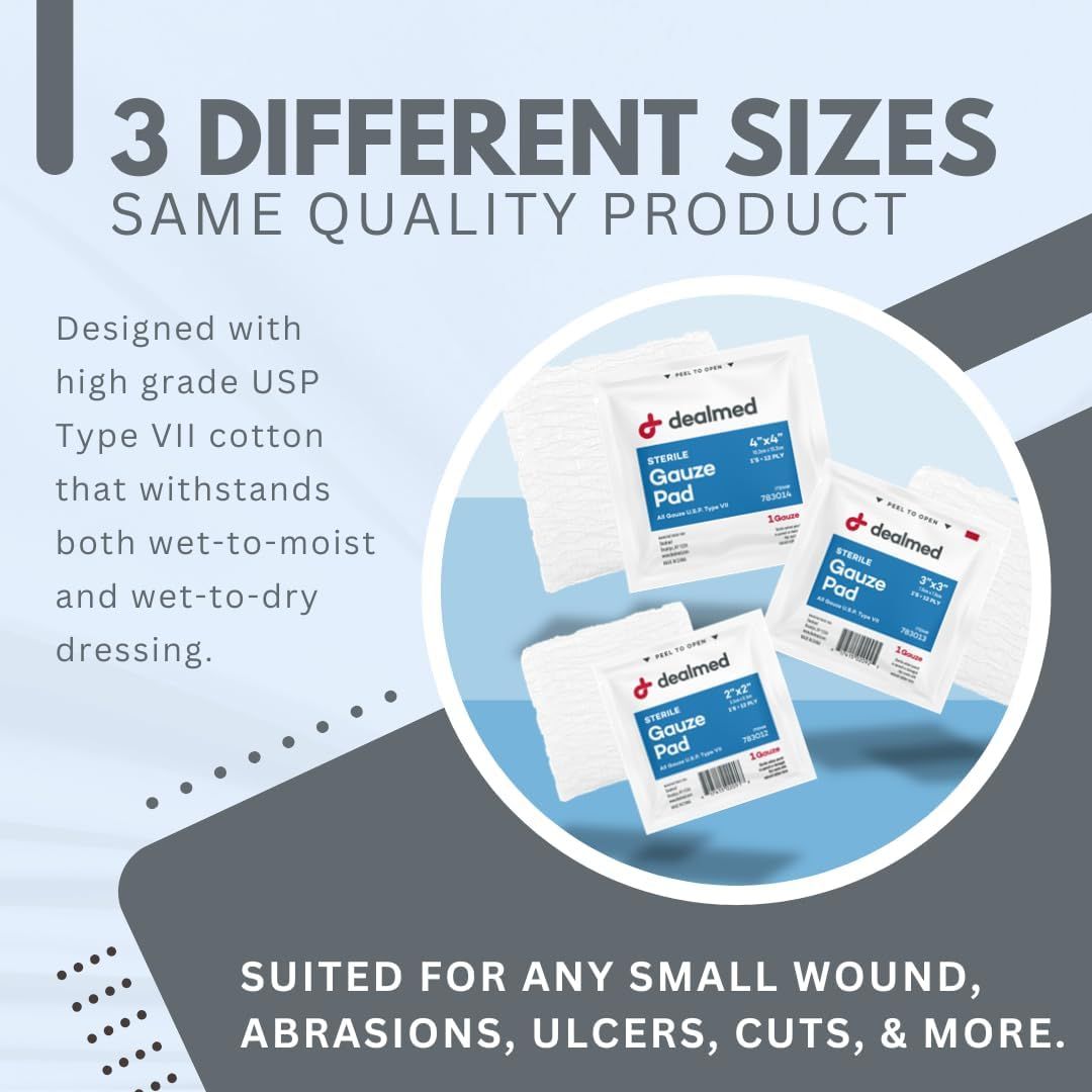 Showcases the brand's product lineup by displaying three different size options of the same gauze pad product, helping shoppers understand the available variants and choose the right size for their…