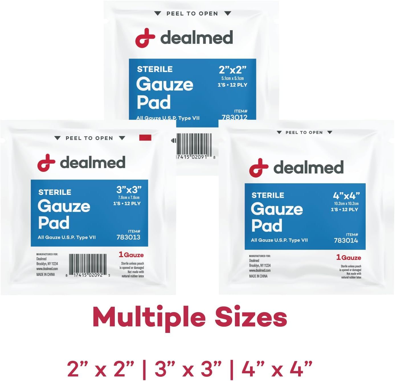 Showcases the brand's product lineup by displaying three different size options of sterile gauze pads, helping shoppers understand the available size variants…
