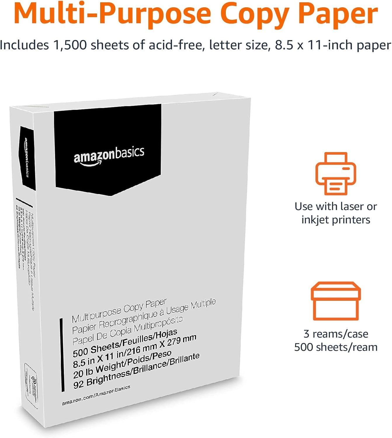 Communicates multiple key product specifications and benefits including the quantity (1,500 sheets), paper quality (acid-free), printer compatibility (laser/inkjet), and packaging format (3 reams)…