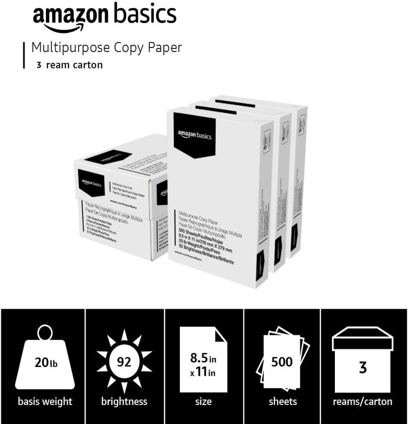 Communicates the key specifications of the copy paper in a segmented, easy-to-scan layout to help shoppers quickly understand the product's weight, brightness, size, quantity, and packaging.