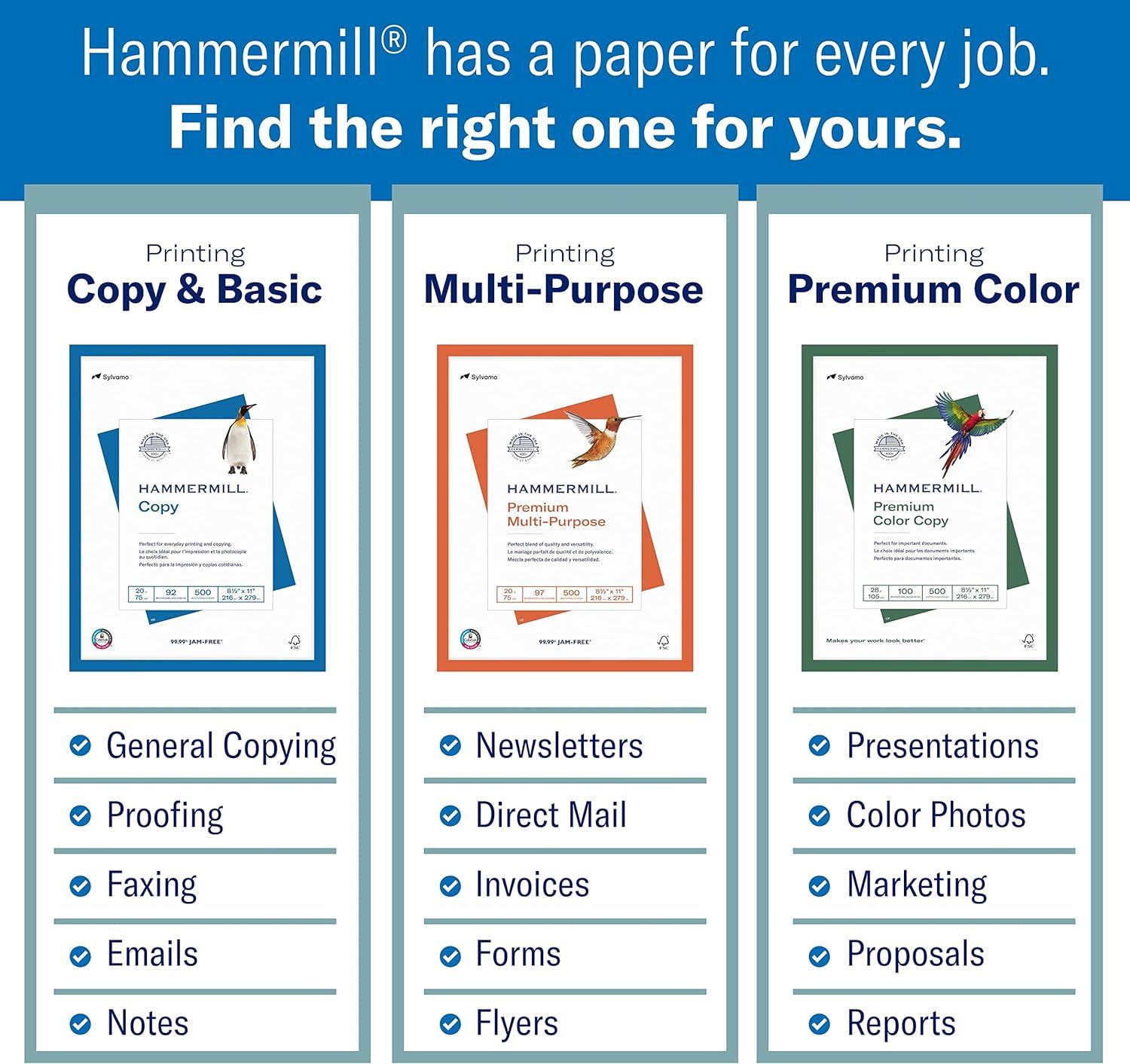 Helps shoppers understand Hammermill's product portfolio and choose the right paper type for their specific printing needs by showcasing three distinct product options with their respective use cases.