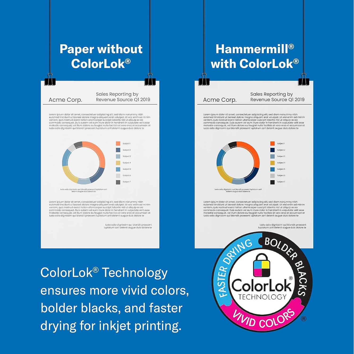 Demonstrates the superior print quality of Hammermill paper with ColorLok technology versus generic paper, showing vivid colors, bolder blacks, and faster drying to convince shoppers of the…