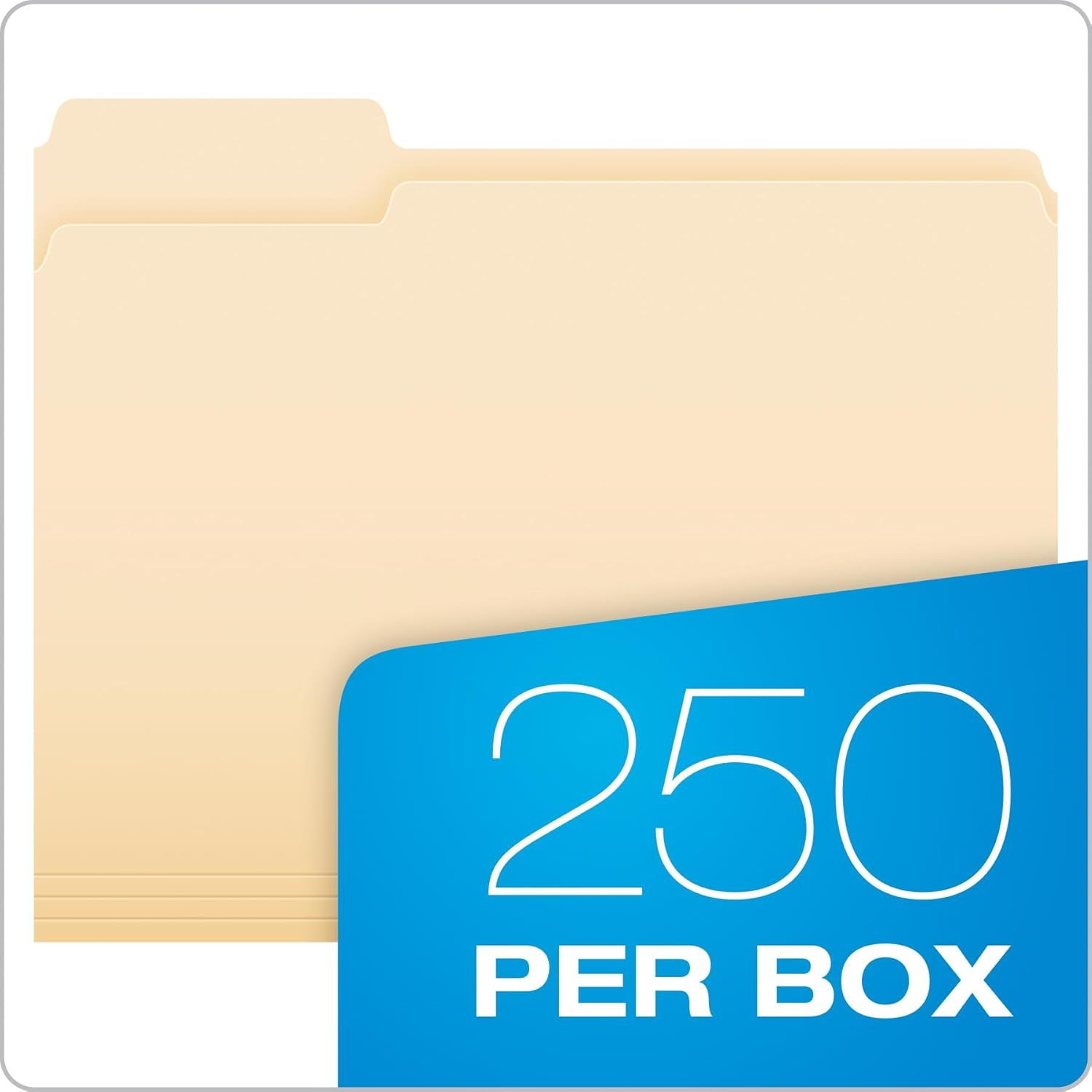 Communicates the high quantity of 250 folders per box to emphasize value and bulk capacity for shoppers looking for office supplies.