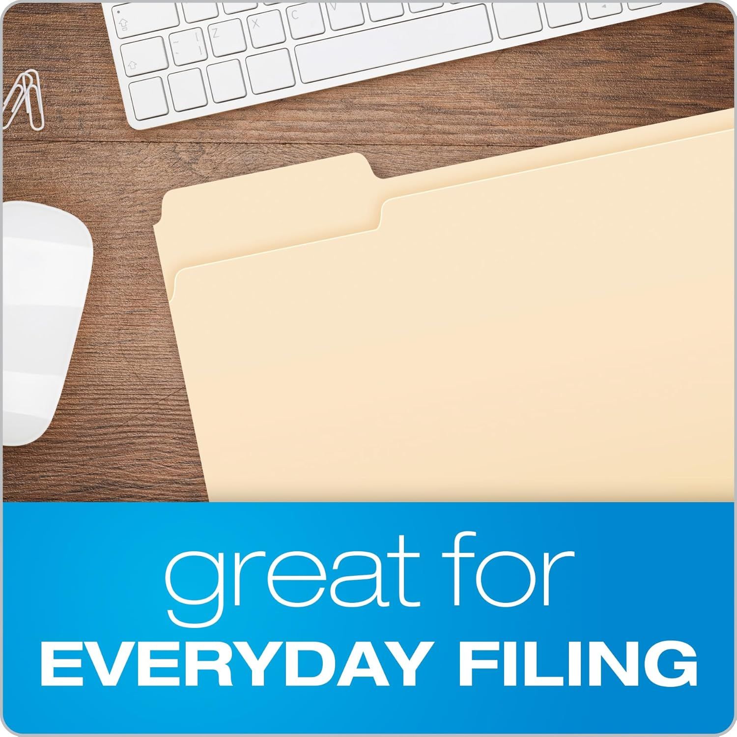 Demonstrates the product's suitability for everyday office and workspace filing needs, showing it in a professional desk environment.