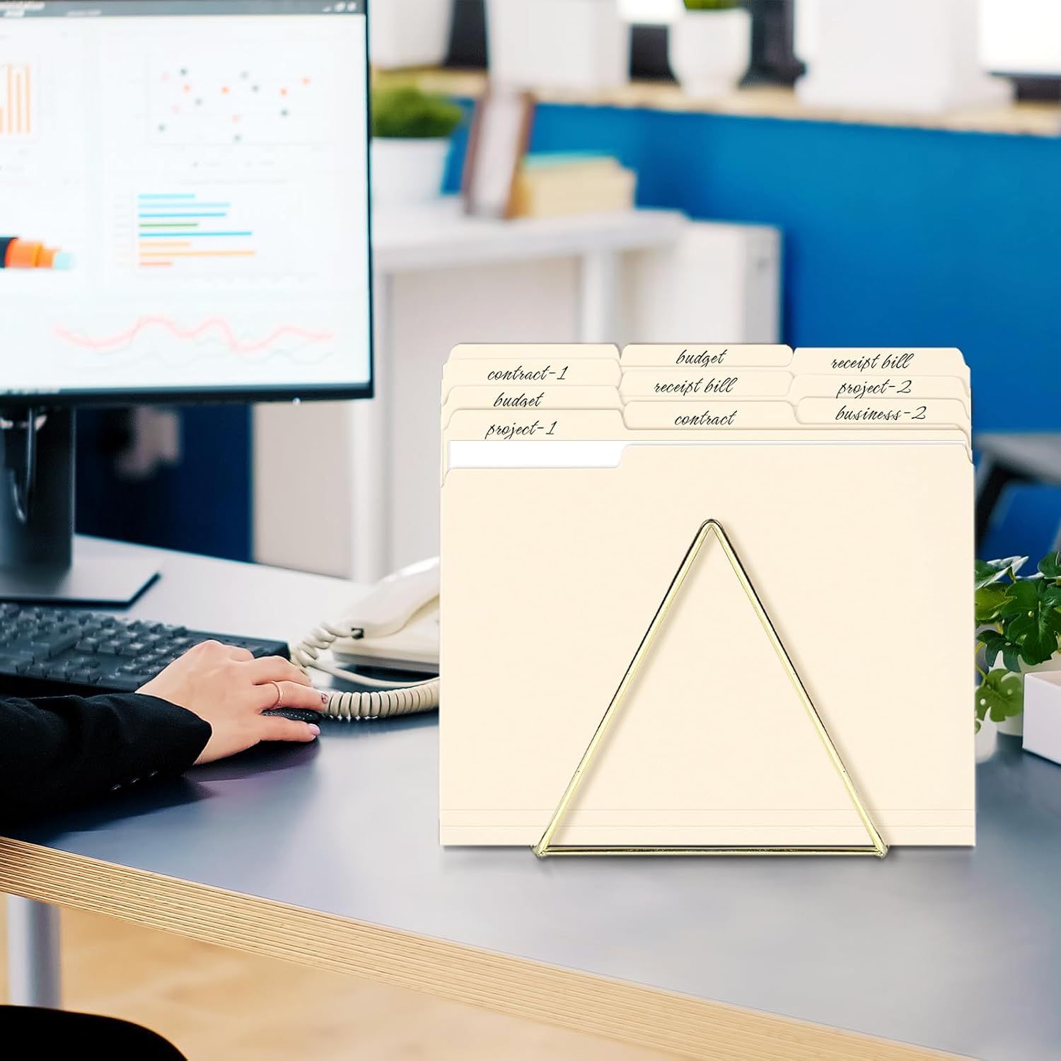 Demonstrates the product in a real-world office setting to show how it helps organize documents and files on a desk, making it relatable and practical for shoppers.