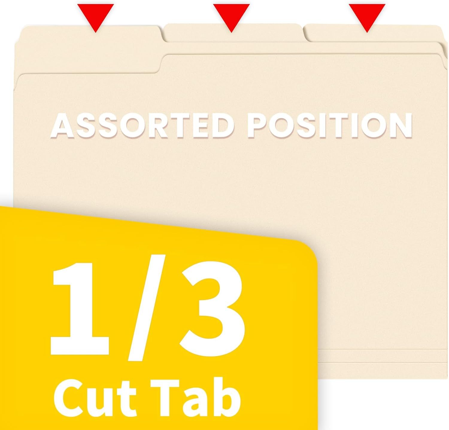 Highlights the organizational feature of the file folders, showing they have 1/3 cut tabs in assorted positions to help shoppers understand the product's filing and labeling capabilities.