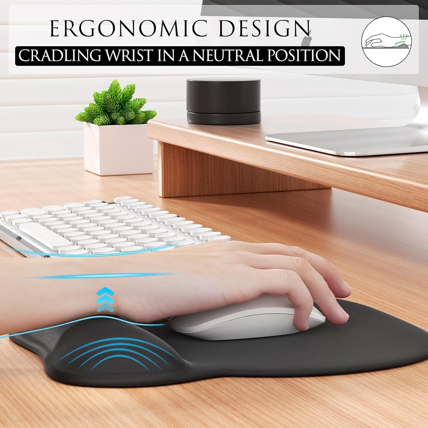 Demonstrates how the product's ergonomic design keeps the wrist in a neutral position during computer use, reducing strain and promoting comfort for office workers.