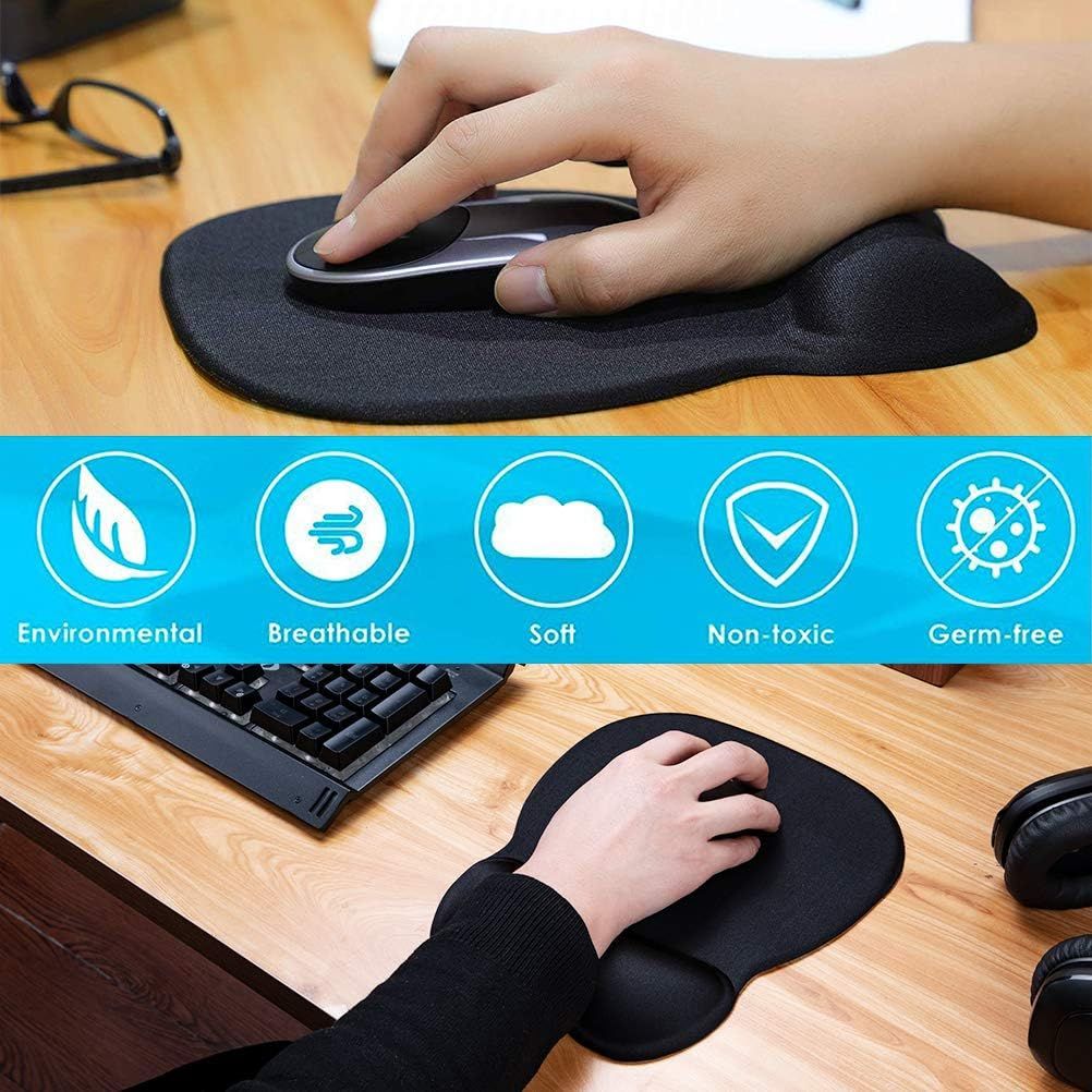 Communicates multiple material and safety benefits of the mouse pad with wrist rest to reassure shoppers about comfort, health, and quality.