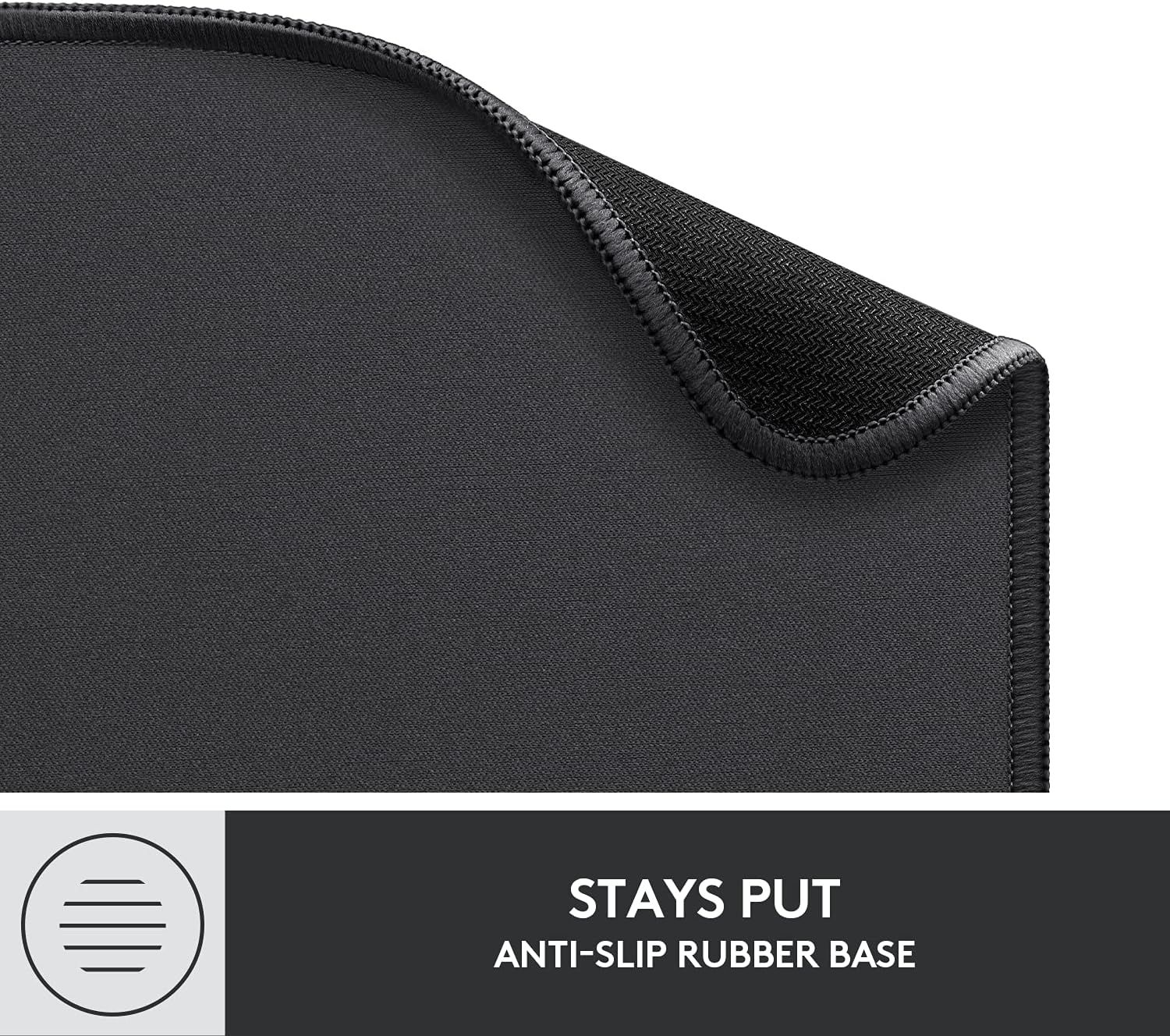 Highlights the product's physical construction details—the stitched edge for durability and the anti-slip rubber base for stability—to reassure shoppers of quality and functionality.