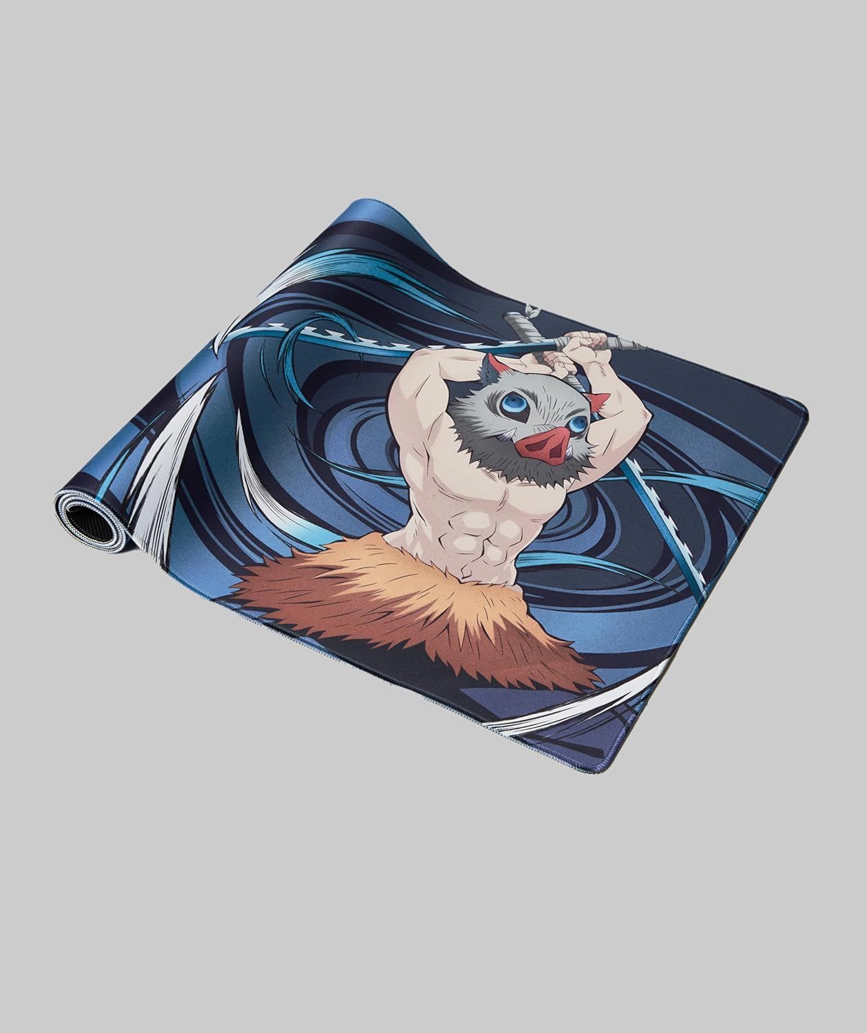 Displays the yoga mat with its unique anime-style design in a clean, distraction-free format to showcase the product's visual appeal and rolled portability.
