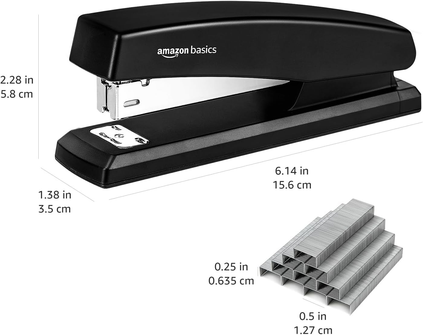 Communicates the exact physical dimensions of the stapler and staples to help shoppers understand the product's size and ensure it fits their workspace needs.