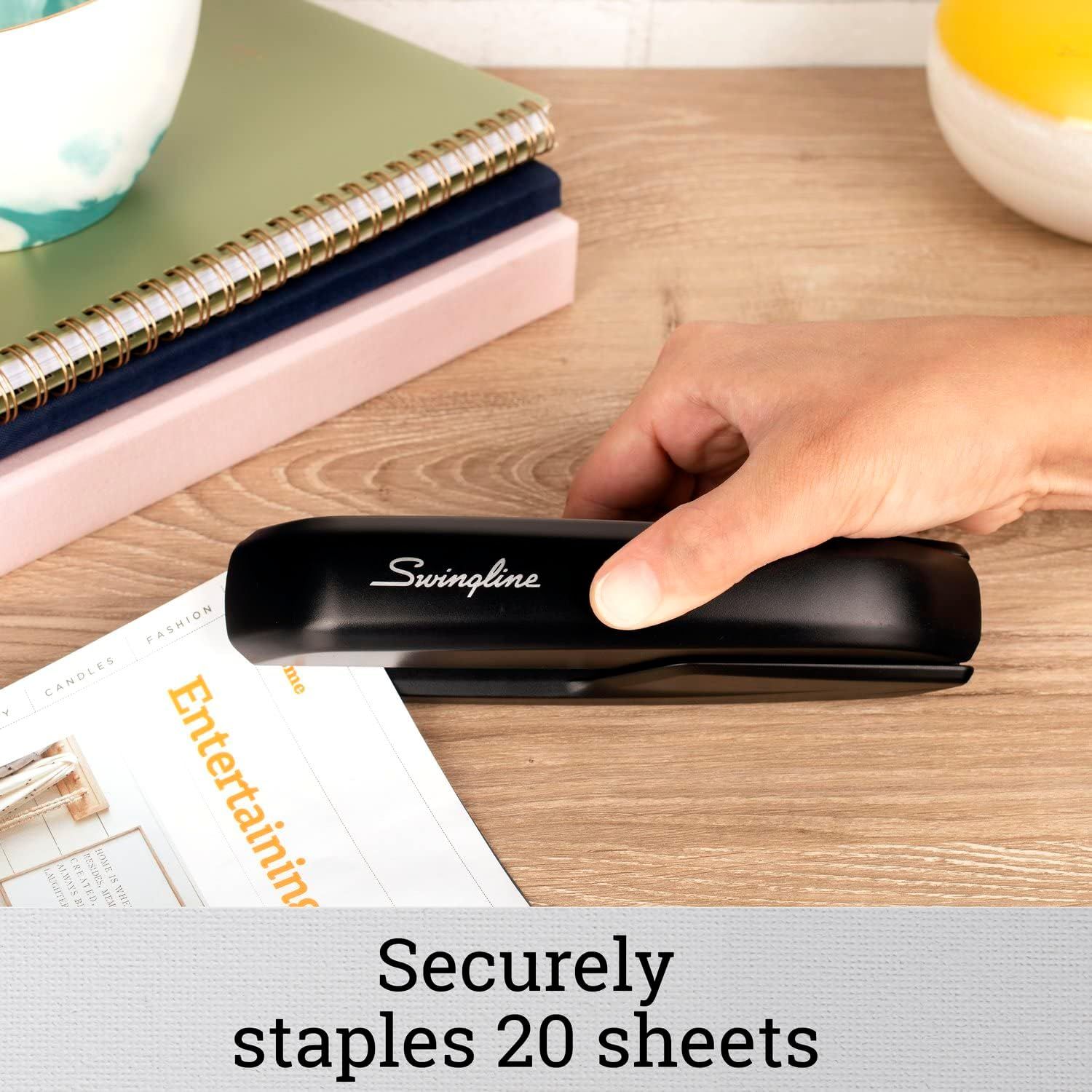 Communicates the stapler's capacity to securely staple 20 sheets at once, reassuring shoppers of its performance and suitability for everyday office or home use. Highlights the stapler's ability to…