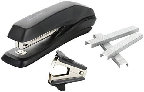 Shows the customer everything included in the purchase: a full-size stapler, a mini staple remover, and staple refills, demonstrating the complete value of the bundle.