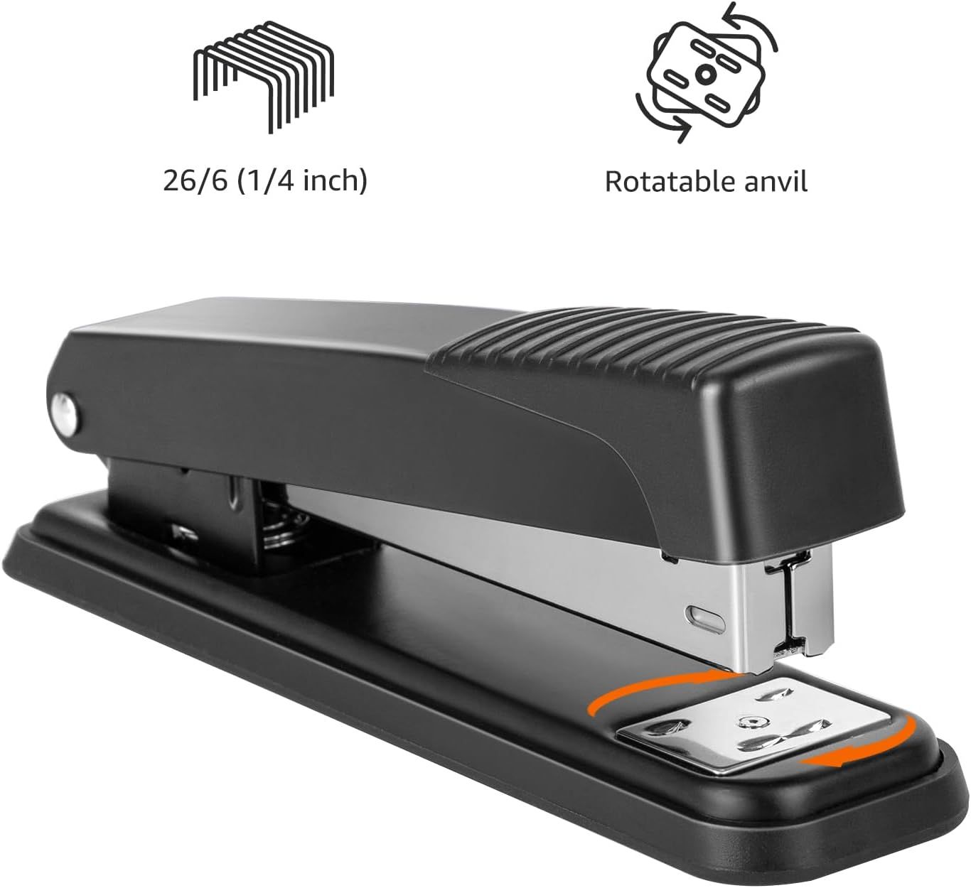 Highlights the stapler's key physical features—the staple size capacity and the rotatable anvil mechanism—to help shoppers understand the product's specifications and functional versatility.