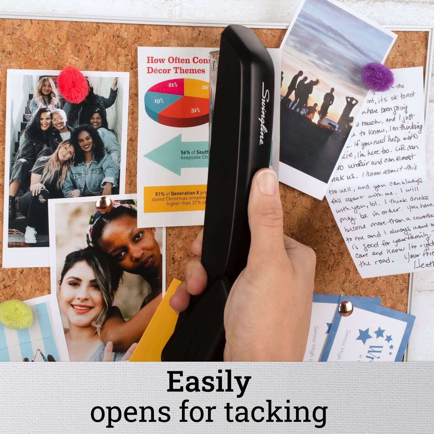 Demonstrates the product's ease of use for tacking photos and papers to a bulletin board, reassuring shoppers that it's simple and convenient to operate.