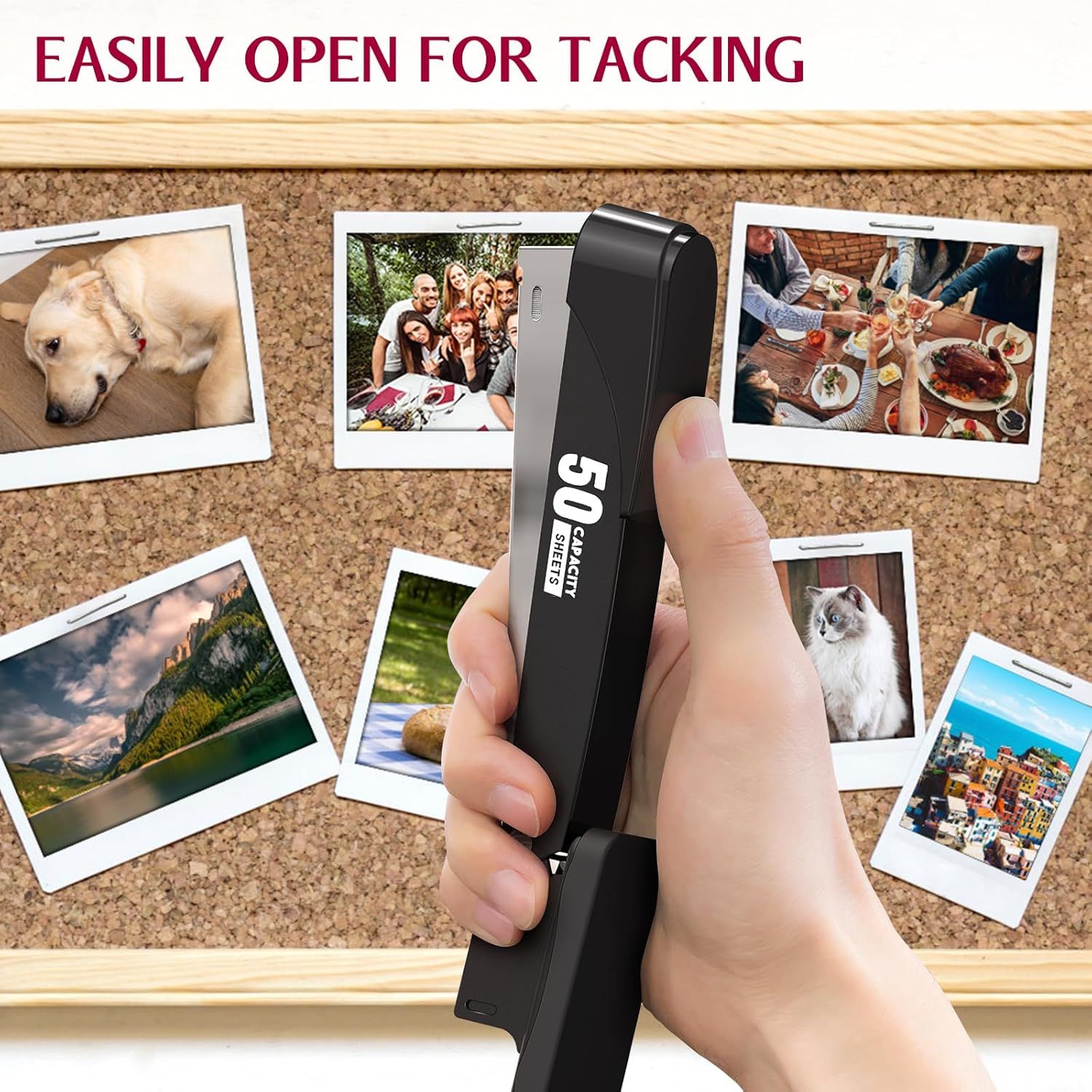 Communicates that the stapler device is easy to open for tacking photos or documents, emphasizing convenience and user-friendly design.