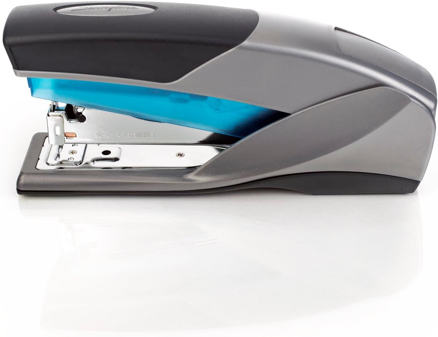 Provides a clean, catalog-style view of the stapler showing its modern design, ergonomic shape, and distinctive blue accent feature.
