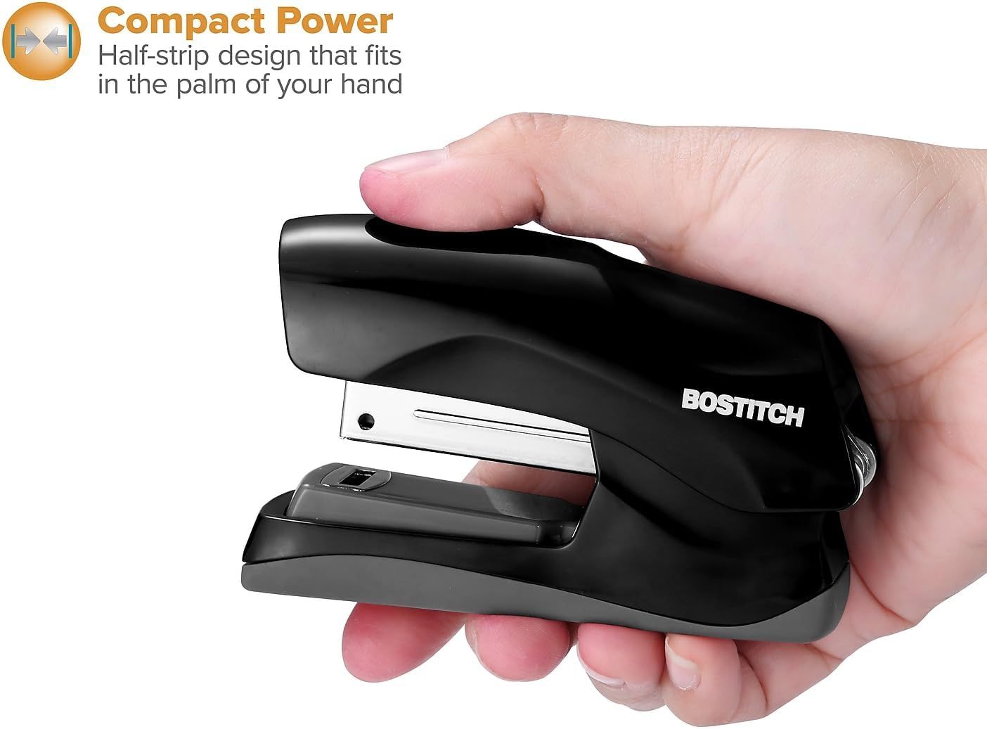 Demonstrates the stapler's compact, palm-sized design to reassure shoppers that it's portable and easy to handle for everyday use.