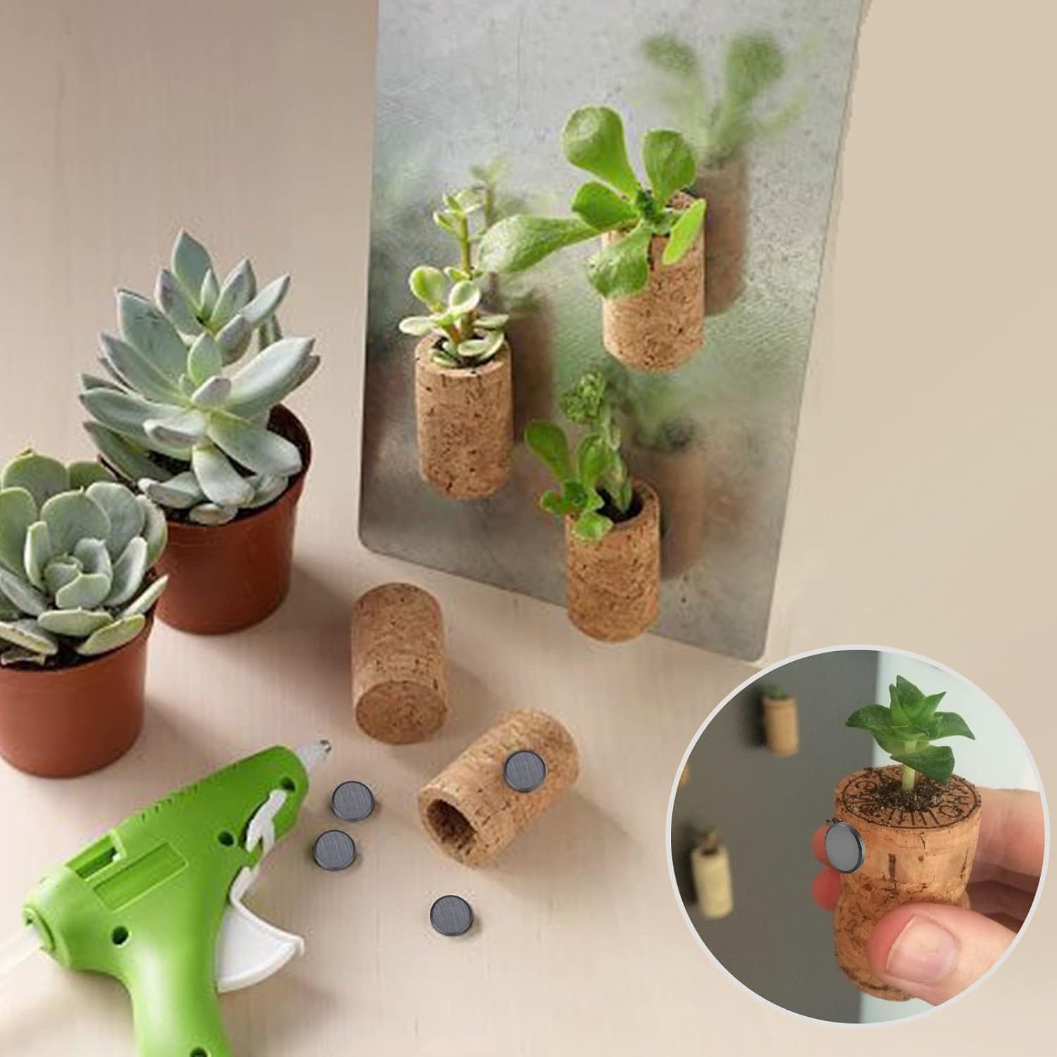 Demonstrates how to create decorative magnetic planters using cork, succulents, and magnets, showing the assembly process and final application on a metal surface. Shows multiple use cases for the…