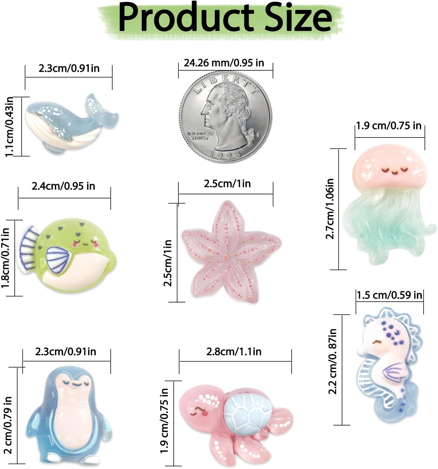 Communicates the exact physical size of each product piece using dimensional measurements and a quarter coin as a scale reference, helping shoppers understand how small these decorative items are.