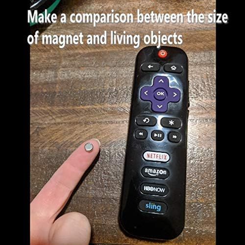 Demonstrates the small, compact size of the magnet by comparing it to a finger and a TV remote, reassuring shoppers that it's discreet and easy to handle.