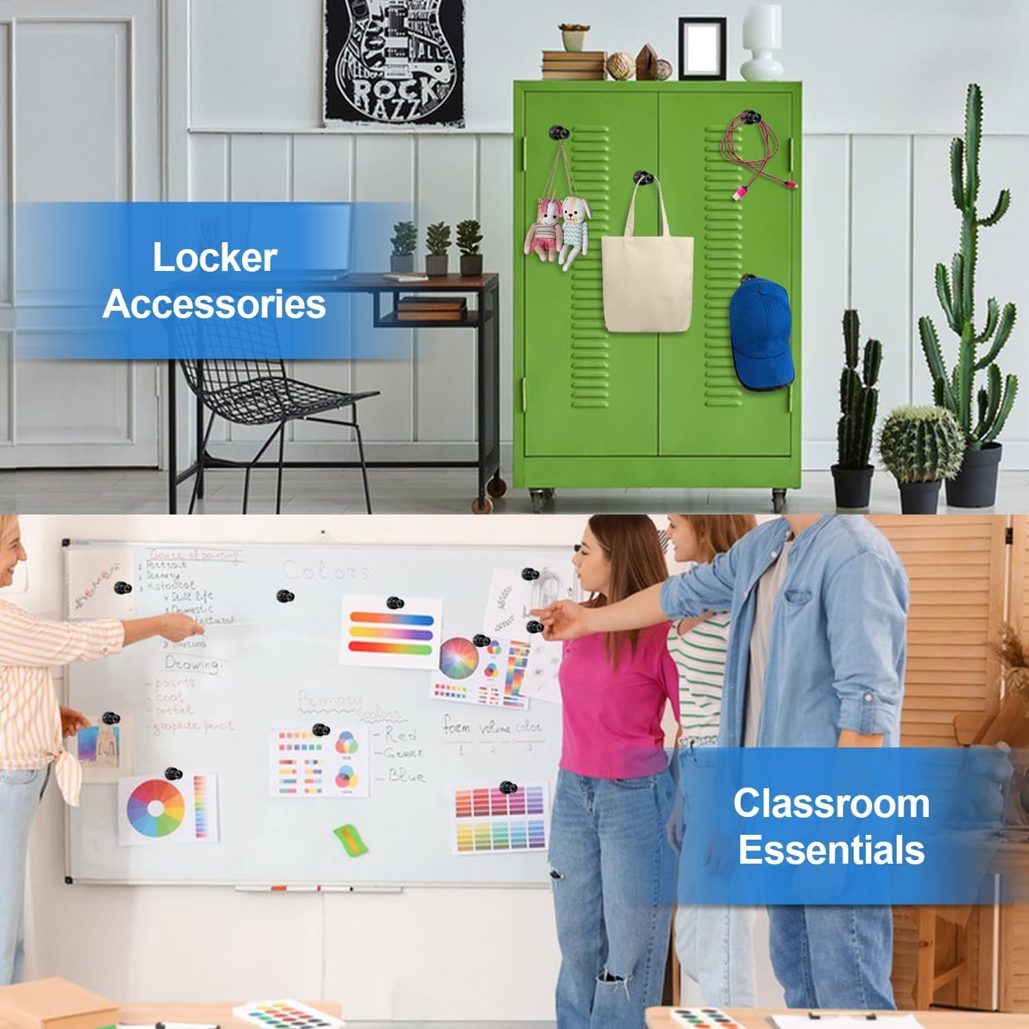 Demonstrates multiple use cases for the product, showing it can be used both as locker accessories in personal/home settings and as classroom essentials in educational environments.