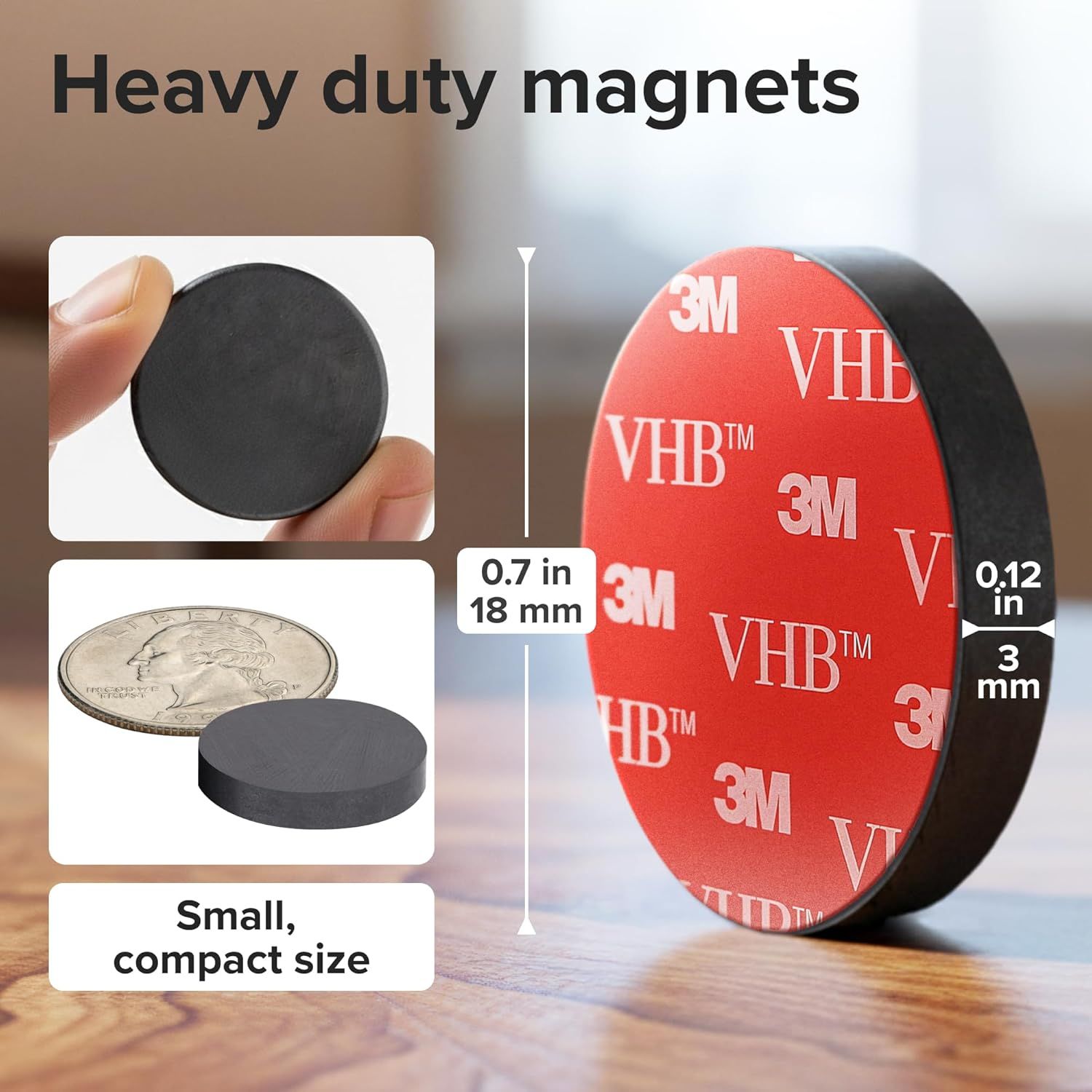 Demonstrates the small, compact physical dimensions of the magnet (0.7 in / 18 mm diameter, 0.12 in / 3 mm thickness) using measurement overlays and a coin for scale reference, reassuring shoppers…