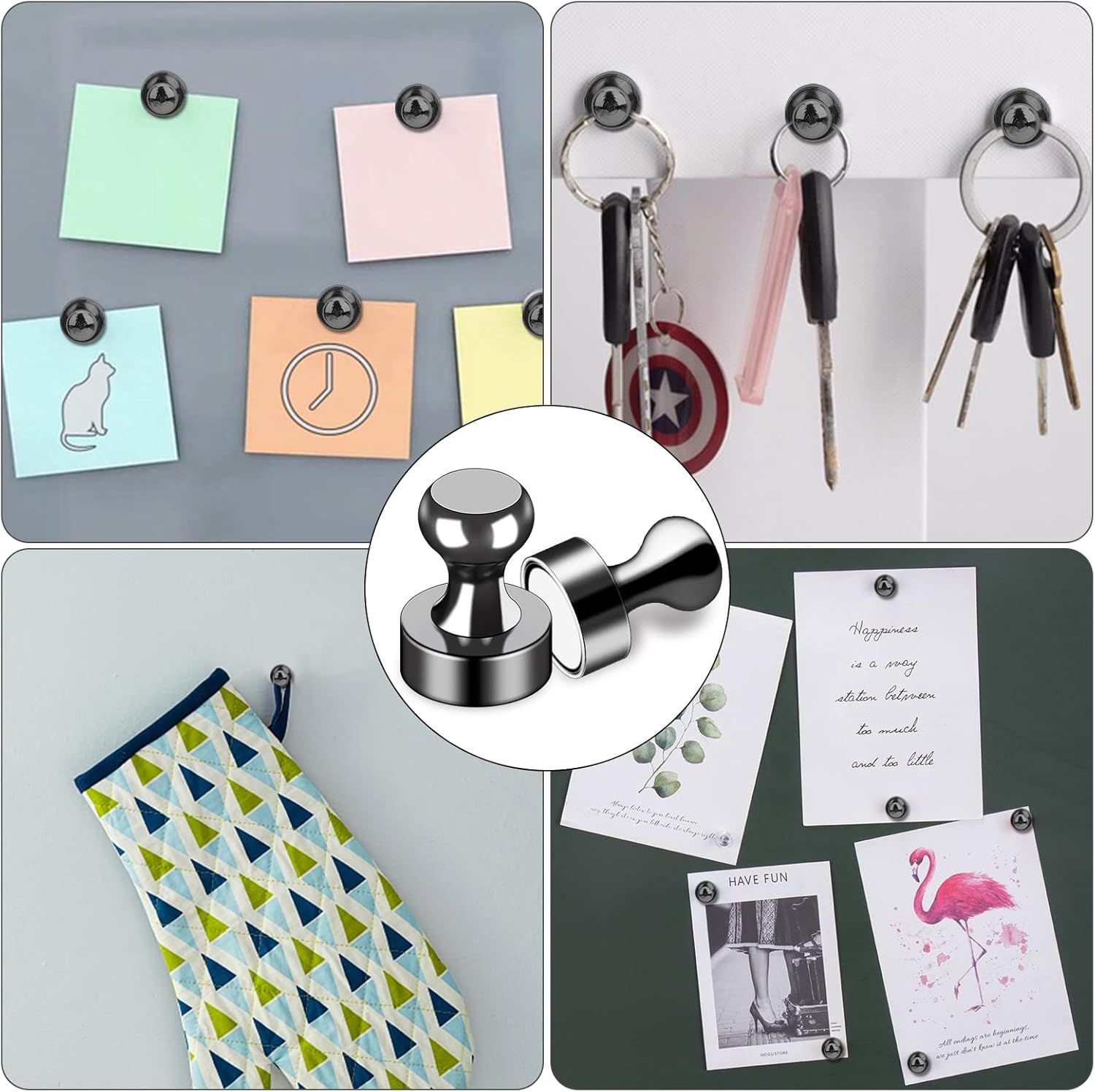 Demonstrates the versatility of the magnetic hooks by showing multiple real-world applications including holding sticky notes, organizing keys, displaying photos and memos, establishing the product…