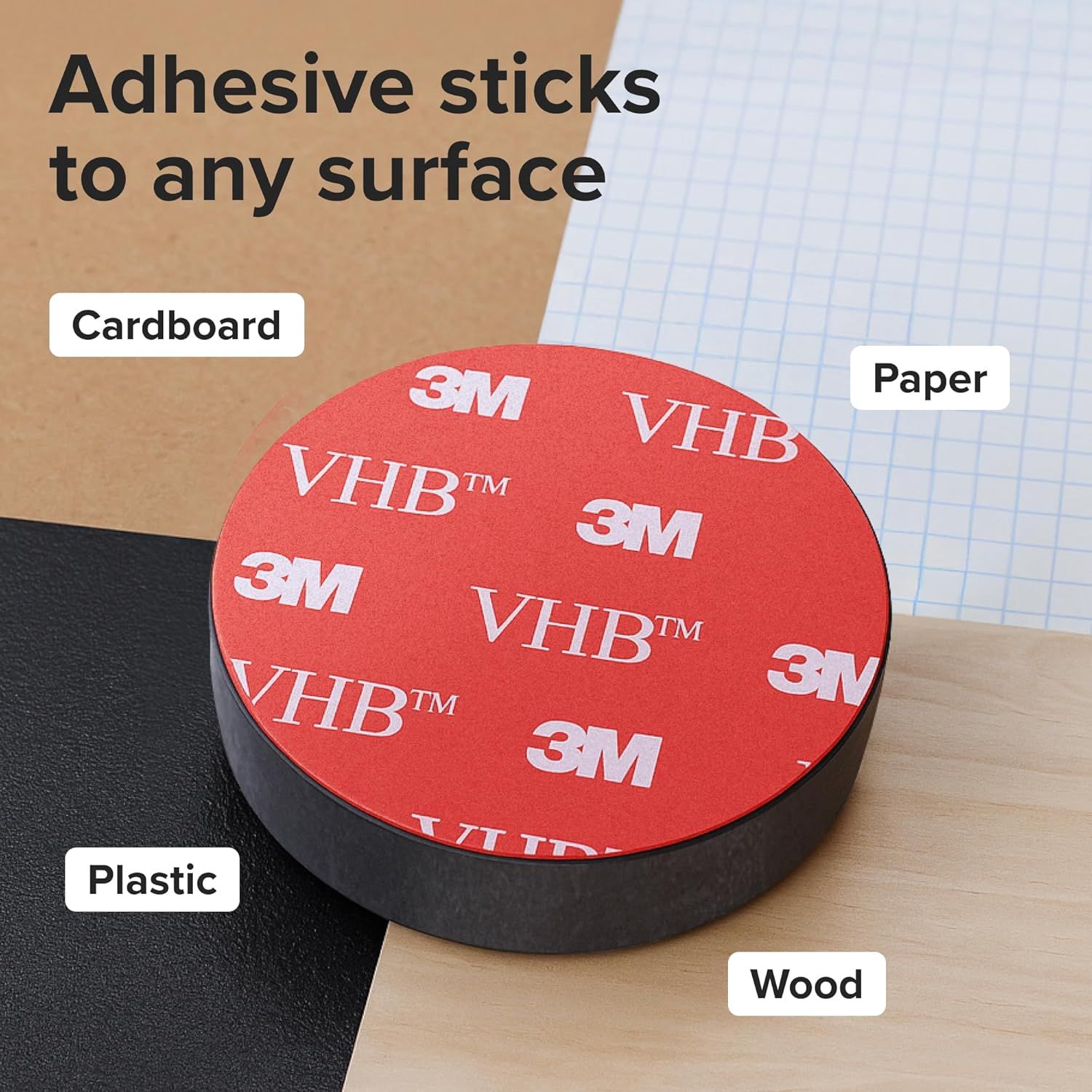 Demonstrates the product's versatility by showing it can adhere to multiple different surfaces (cardboard, paper, plastic, and wood), reassuring shoppers of its broad compatibility and usefulness.