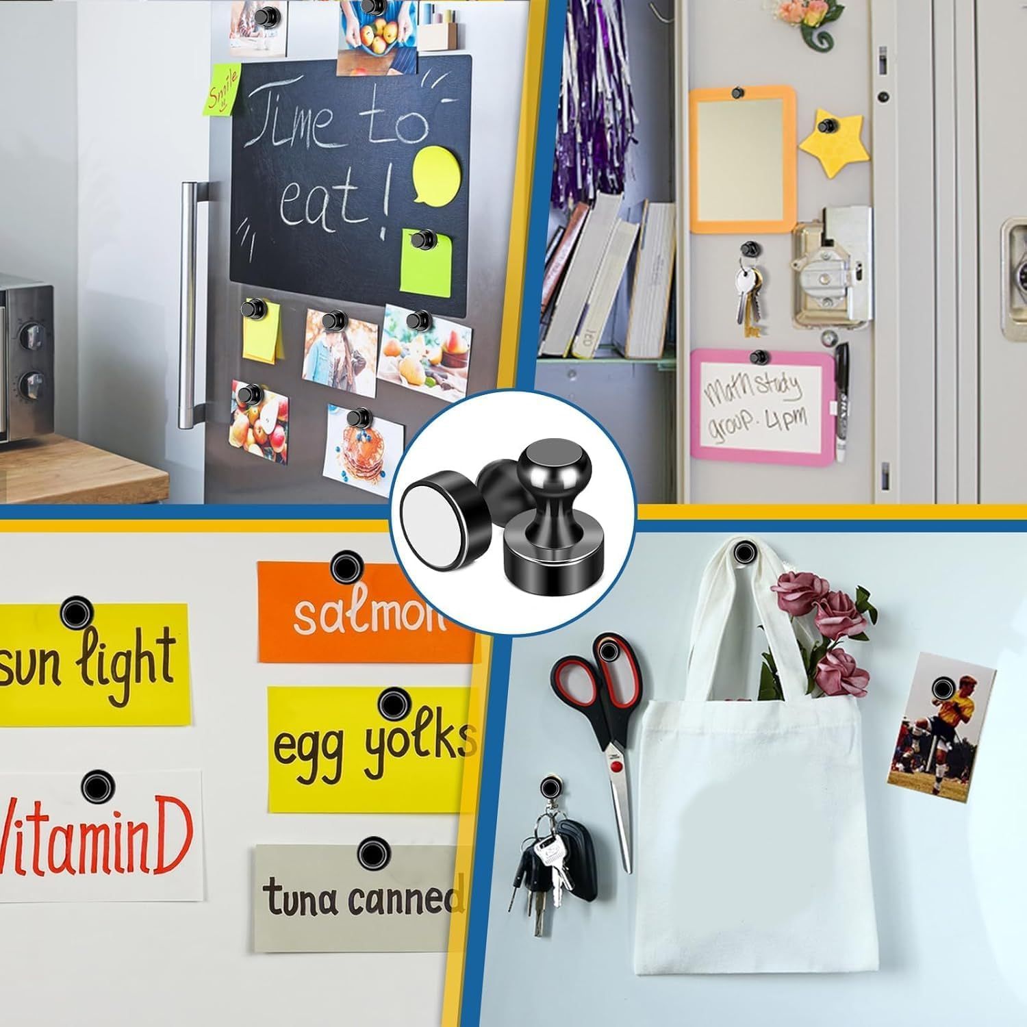 Demonstrates the product's versatility by showing multiple real-world applications—organizing notes on a fridge, holding photos and reminders on a door, keeping shopping lists and keys accessible,…