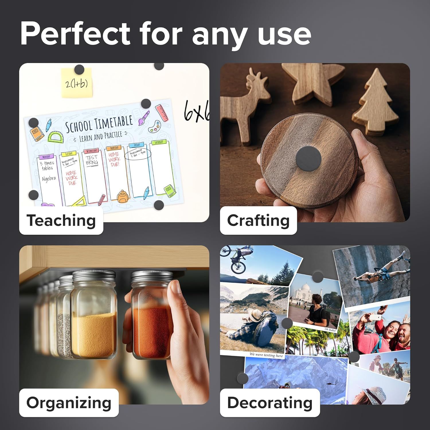 Demonstrates the product's versatility by showing four distinct use scenarios, reassuring shoppers that the product can serve multiple purposes across different contexts.