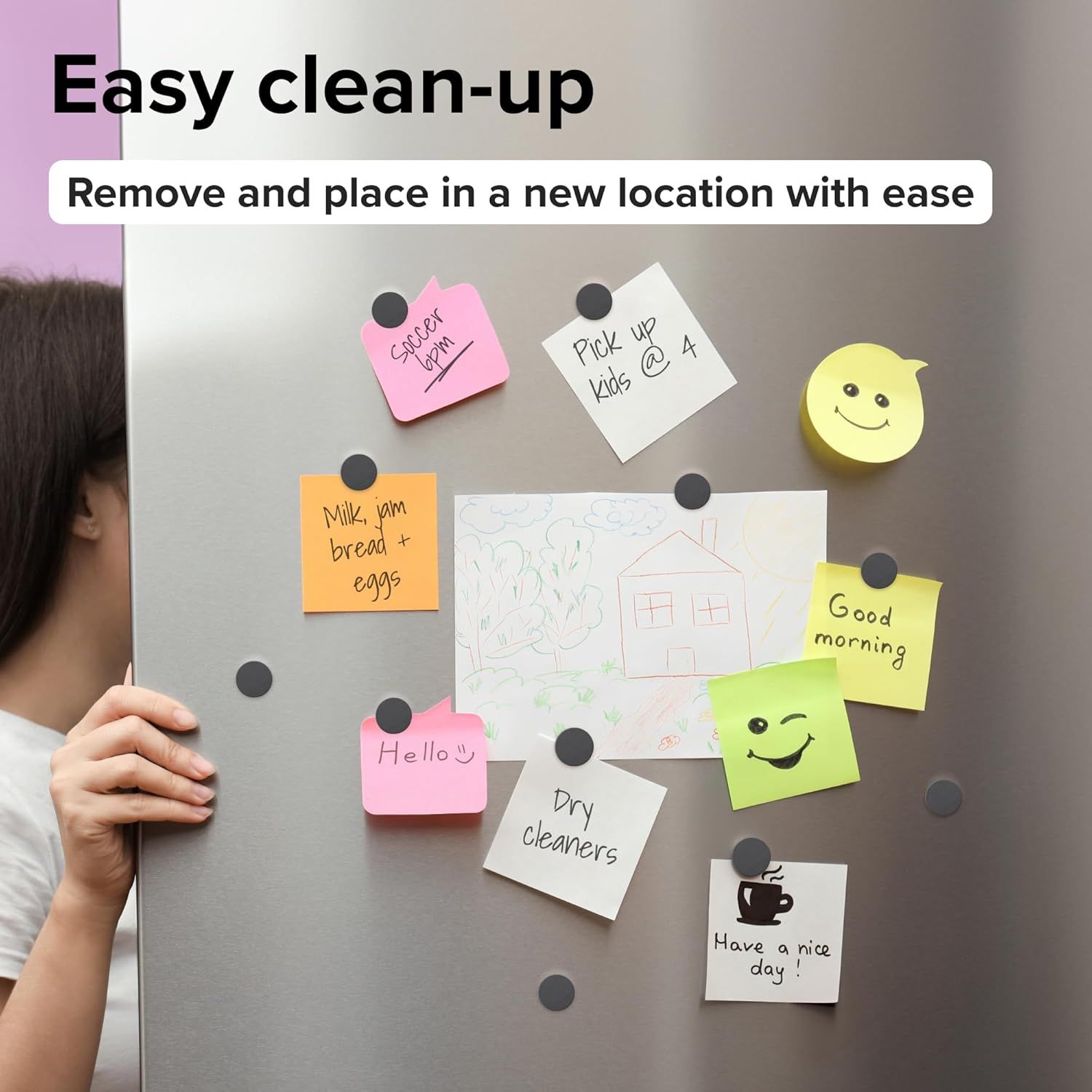 Demonstrates that the product (magnetic notes/sticky notes) can be easily removed and repositioned on surfaces, emphasizing convenience and ease of use for organization.