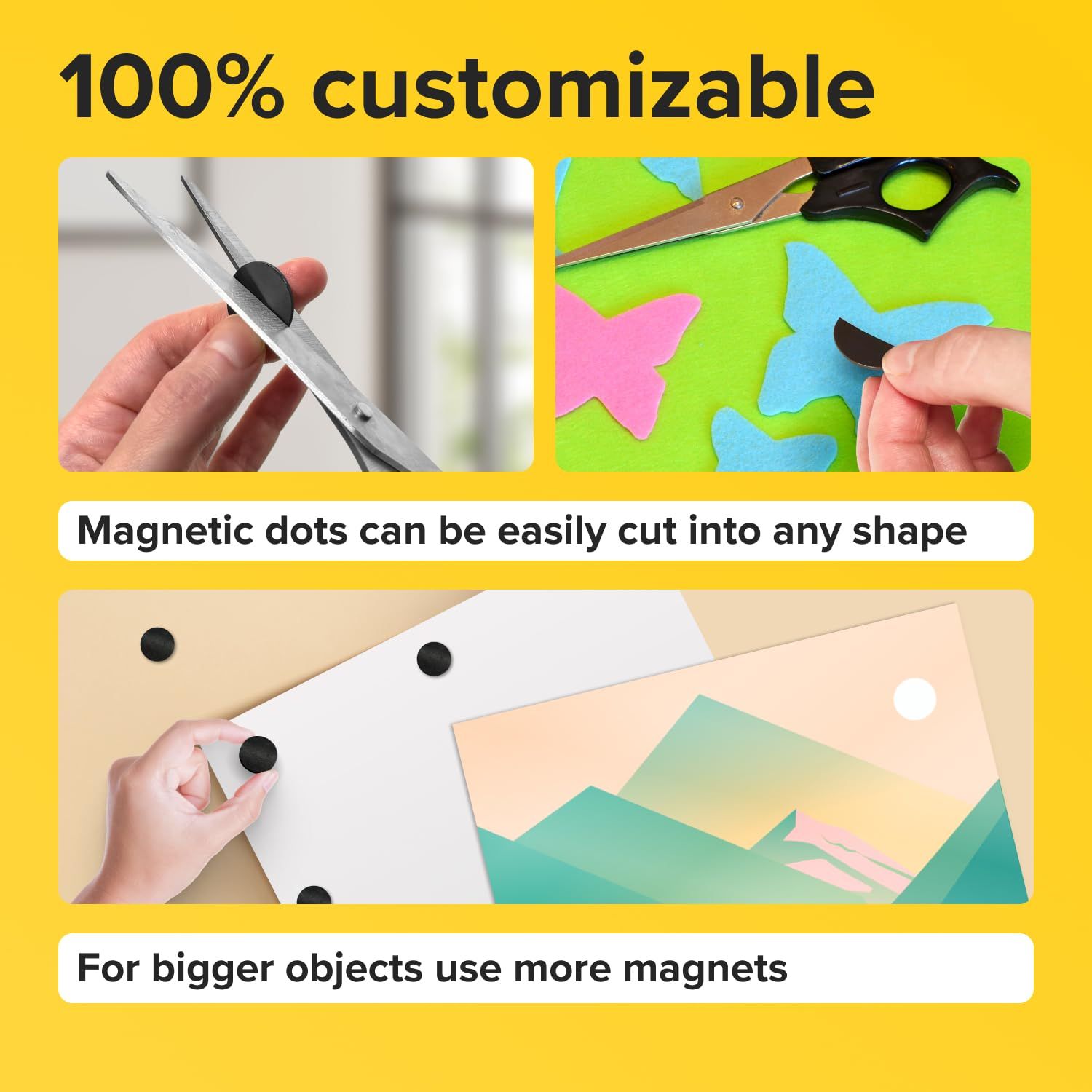 Demonstrates multiple benefits of the magnetic dots product: they can be customized by cutting into any shape, and multiple magnets can be used for heavier objects, highlighting versatility and ease…