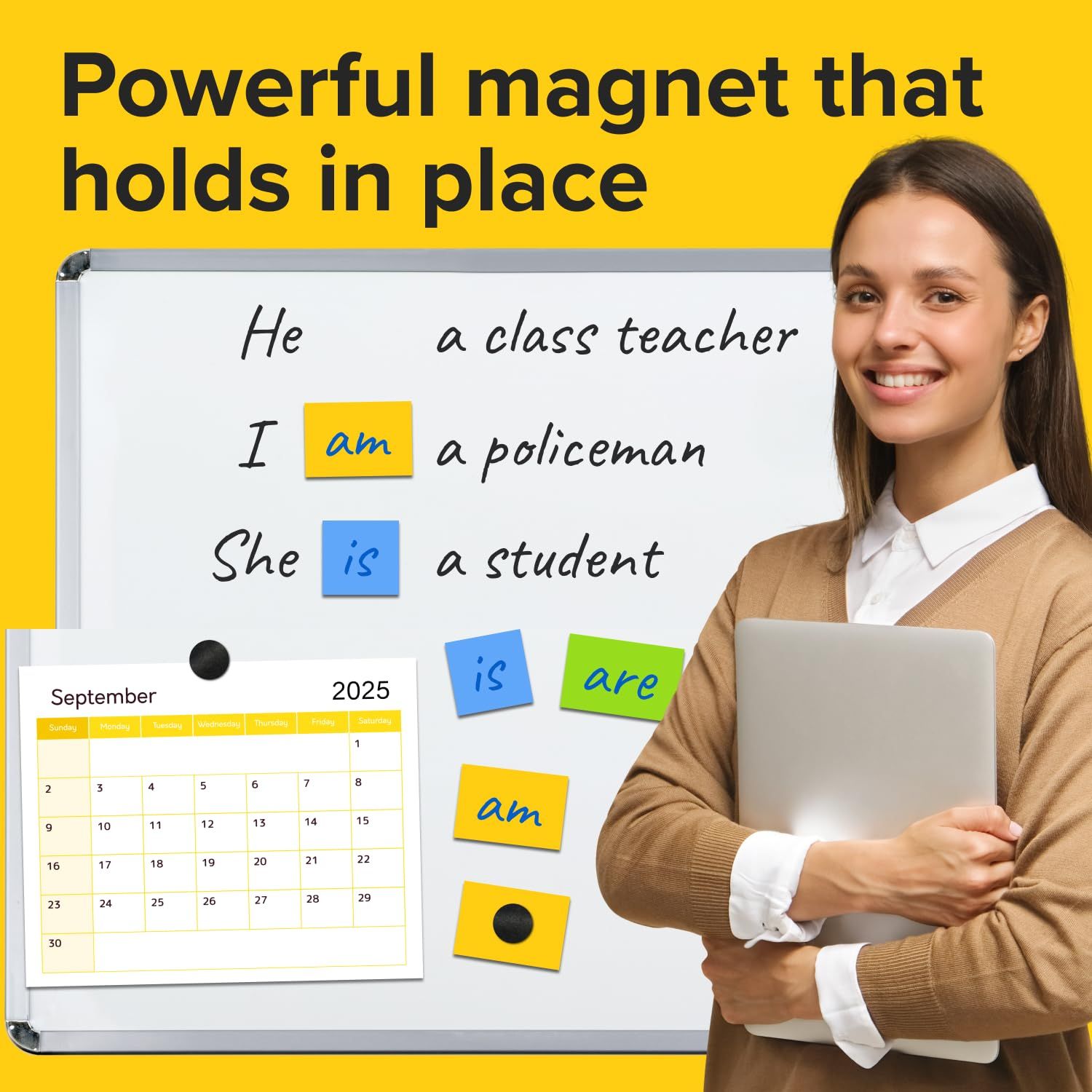 Communicates that the product features a strong magnetic hold that keeps items securely attached to surfaces, ideal for classroom or office use.