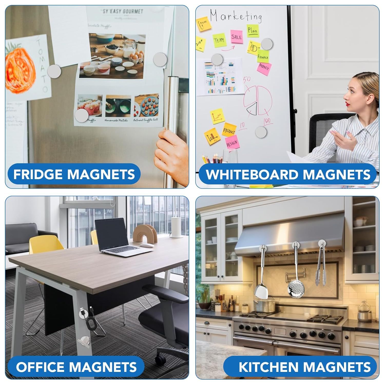 Demonstrates the product's versatility by showing four distinct use environments (fridge, whiteboard, office, kitchen) to reassure shoppers that the magnets work in multiple settings and applications.